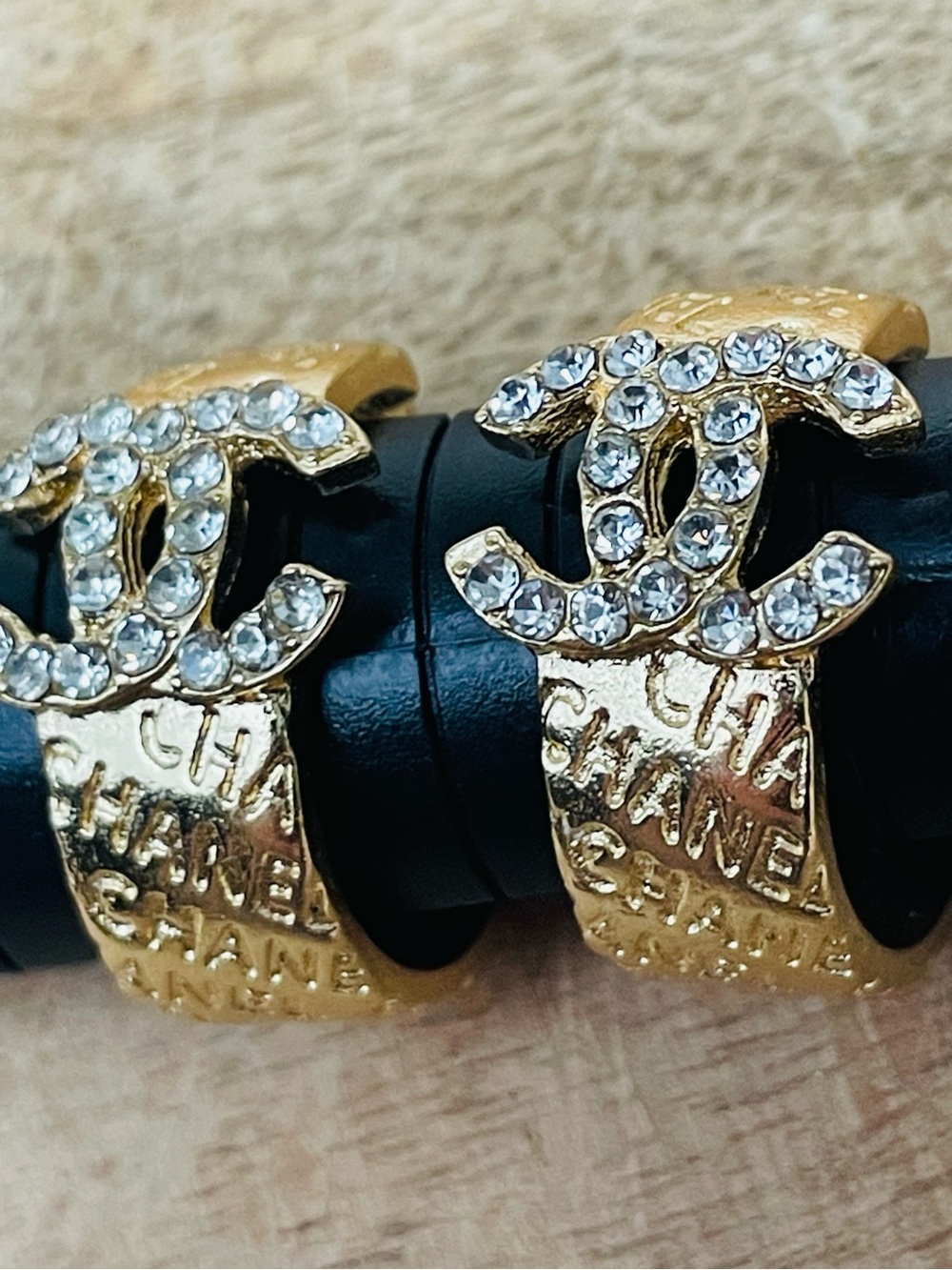 Vtg Crystal double C  Hoop Earrings - Gold